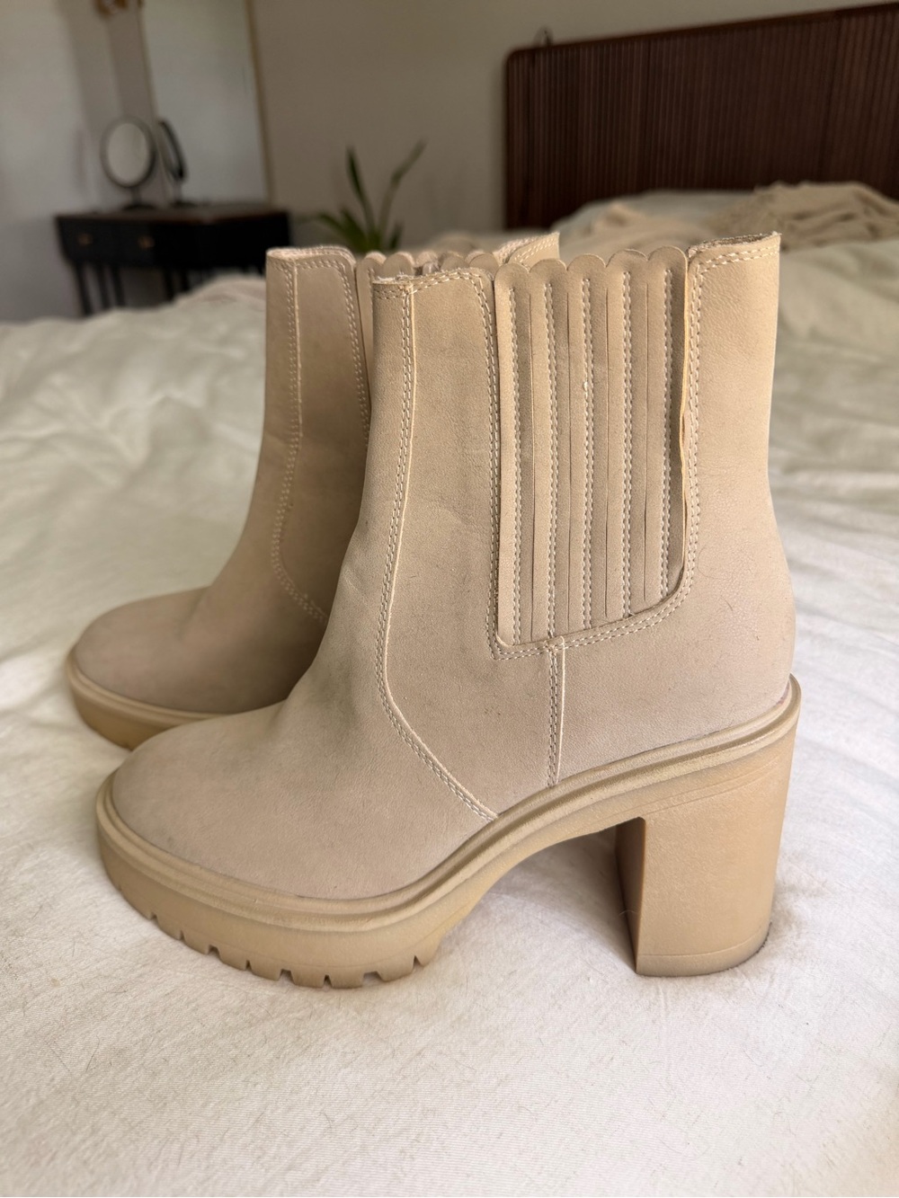 Sculpted Chunky Heel Chelsea Booties in Beige